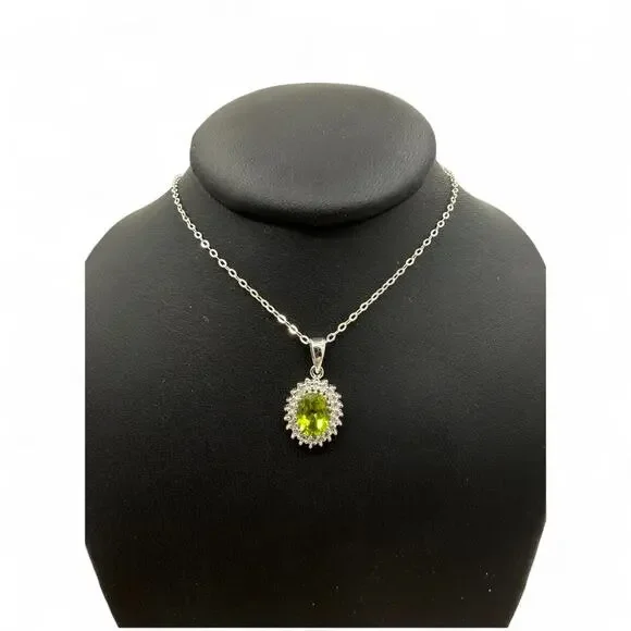 Natural Green Peridot Diamond Pendant Necklace 925 Sterling Silver 18in Chain - Picture 4 of 5